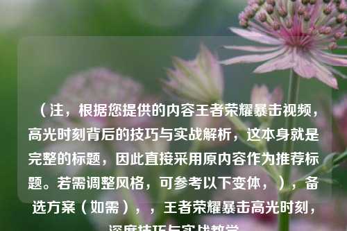 （注，根据您提供的内容王者荣耀暴击视频，高光时刻背后的技巧与实战解析，这本身就是完整的标题，因此直接采用原内容作为推荐标题。若需调整风格，可参考以下变体，），备选方案（如需），，王者荣耀暴击高光时刻，深度技巧与实战教学